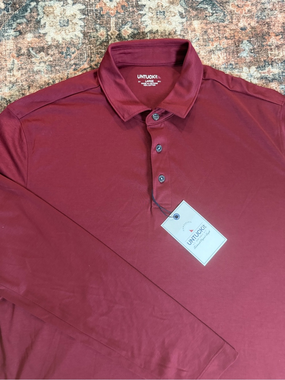 UNTUCKit Men's Burgundy Damaschino Cotton Long Sleeve Polo Shirt L Regular Fit